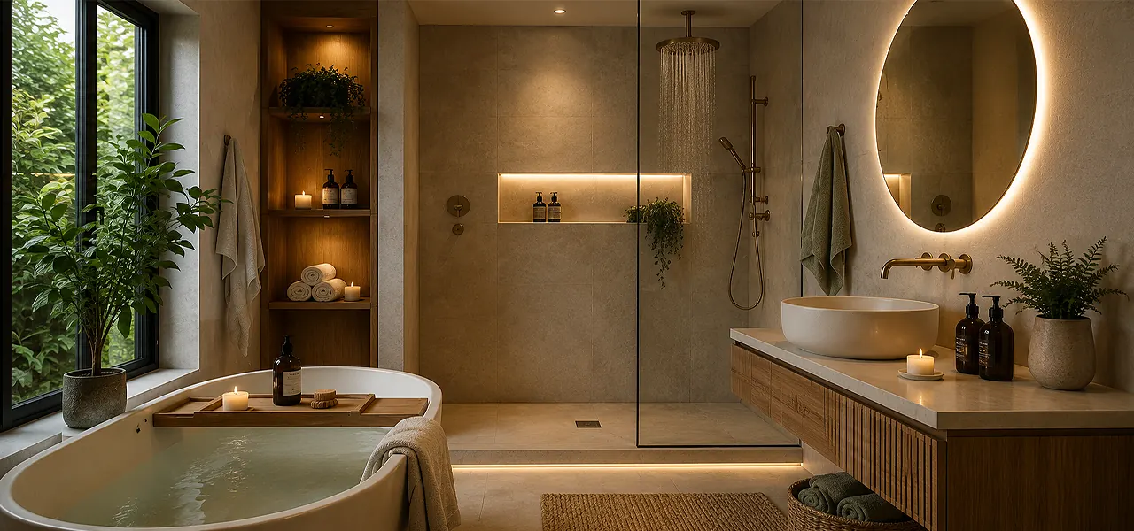 Spa-inspired wellness bathroom with stone walls, a freestanding soaking tub, walk-in shower, niche shelving and candles for a calming retreat