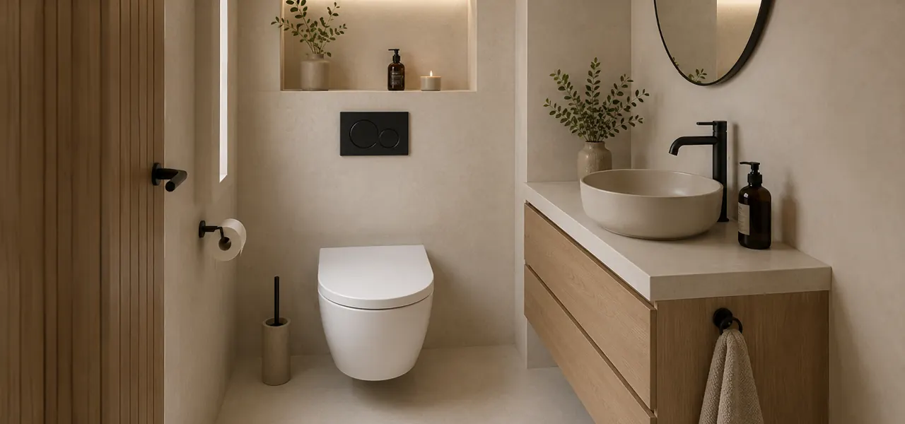 A modern downstairs toilet with clean lines and a light neutral palette, featuring a wall-hung toilet, wood-effect wall-mounted vanity unit with a round countertop basin, and matt black fittings in a recessed niche.