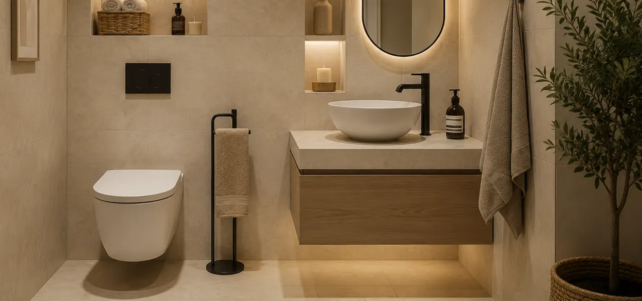A compact cloakroom suite featuring a wall-hung toilet and countertop basin on a wall-mounted wooden vanity unit in a warm, neutral-toned space with built-in shelving niches and matt black fittings.