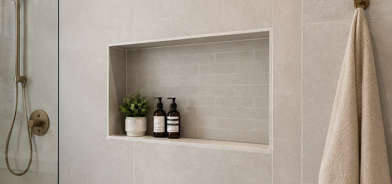 A horizontal recessed shower niche tiled in beige subway tile with a small plant in a ribbed pot and two amber pump bottles, set into a matching beige tiled wall.