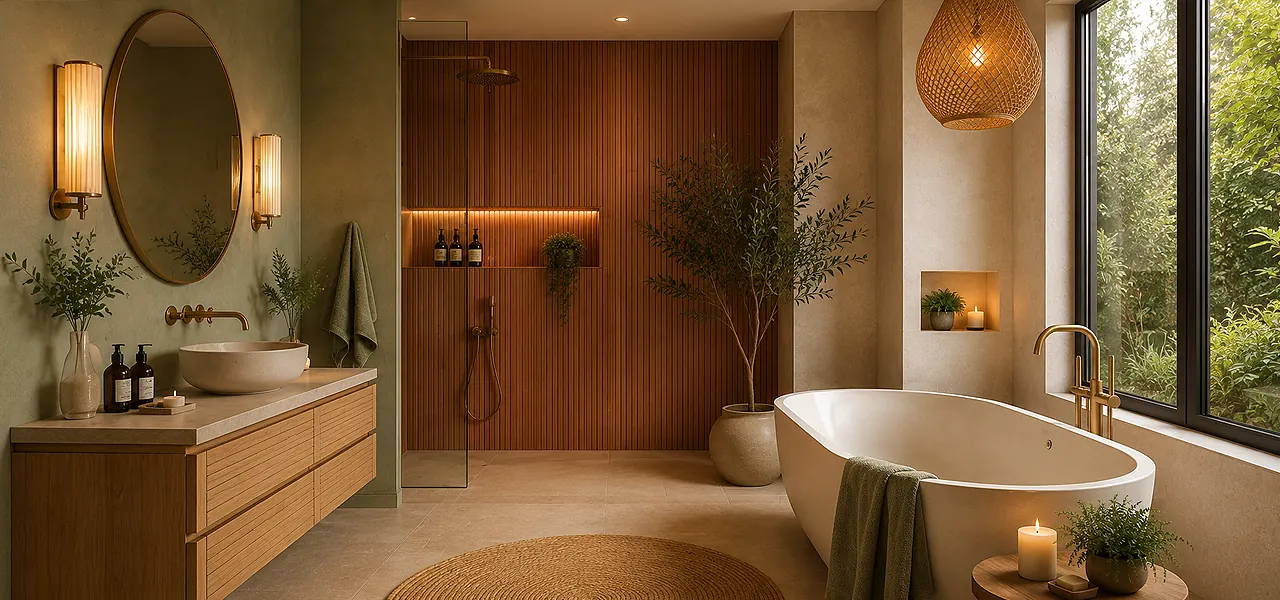 Warm earthy bathroom with a wood vanity, freestanding tub, round mirror, woven pendant light and jute rug in terracotta tones