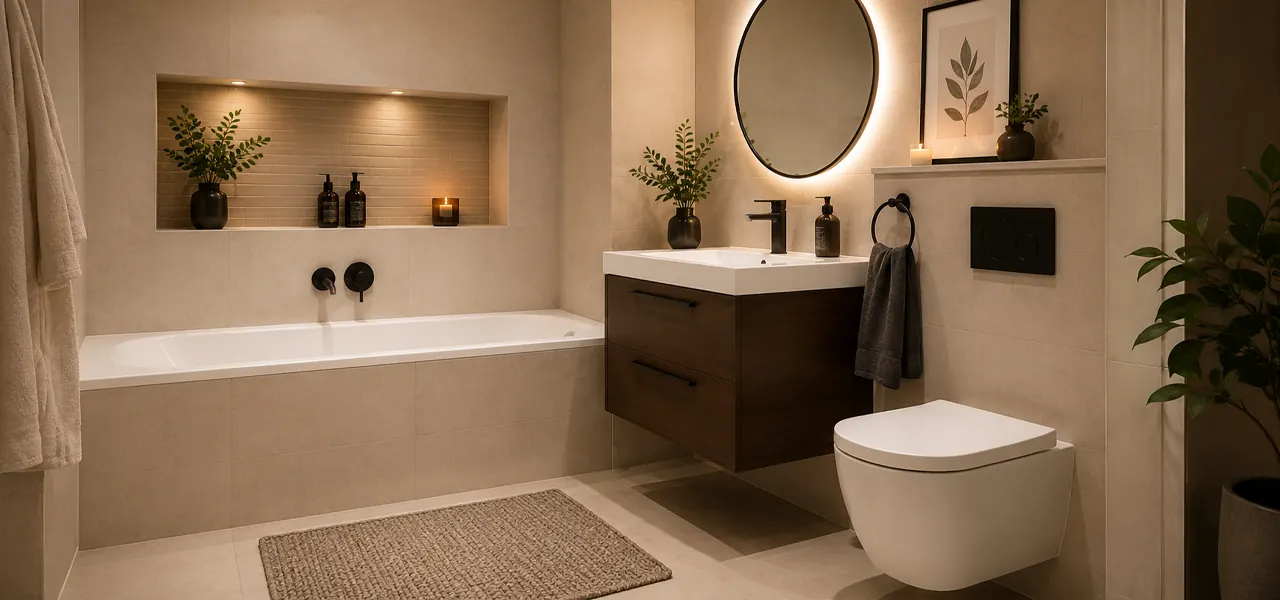 A complete bathroom suite with a fully separate walk-in shower enclosure, freestanding-style bath, wall-hung toilet, and wall-mounted wooden vanity unit with countertop basin, set in a spacious modern bathroom with concealed lighting.