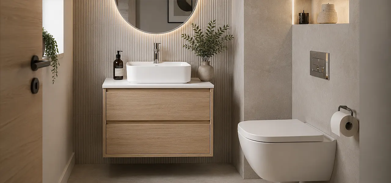 A modern wall-hung vanity unit in light oak with handleless drawers and a white countertop basin with a chrome mono mixer tap, designed as a space-saving cloakroom fixture.