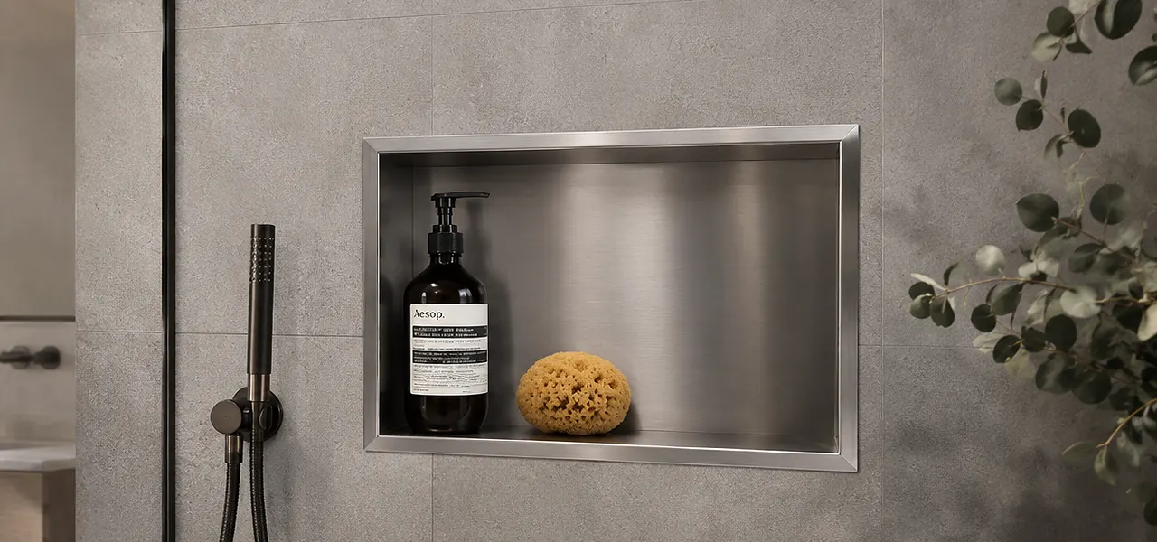 A horizontal stainless steel recessed shower niche holding an amber pump bottle and a natural sea sponge, set into a gray concrete-look tiled wall.