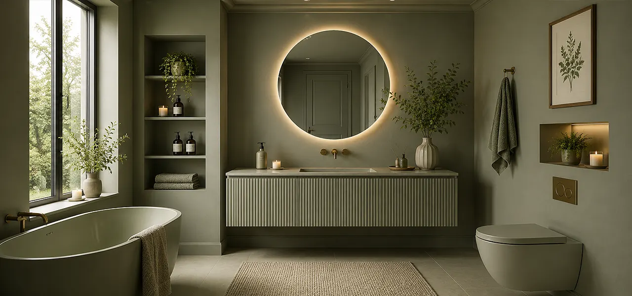Colour-drenched bathroom in olive green with matching walls, a fluted vanity, round backlit mirror and freestanding tub for an immersive scheme