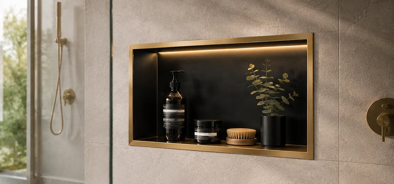 A horizontal recessed shower niche with a brushed brass frame and matt black interior, lit by warm LED lighting and holding a ceramic pump bottle, a small black canister, a wooden brush, and a sprig of eucalyptus.