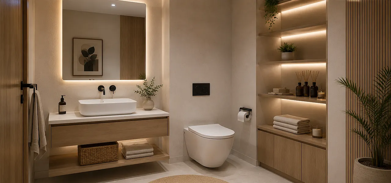 A contemporary cloakroom with an oversized backlit mirror reflecting natural light, a wall-mounted vanity unit with a countertop basin, and a recessed niche with floor-to-ceiling shelving for slimline storage.