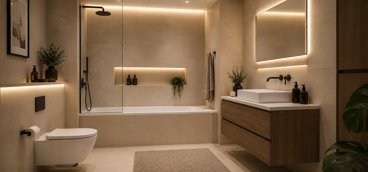 A modern shower-bath suite combining a bath with an overhead showerhead and glass screen alongside a wall-hung toilet and wall-mounted vanity unit with countertop basin, finished in matt black fittings and warm beige tones.