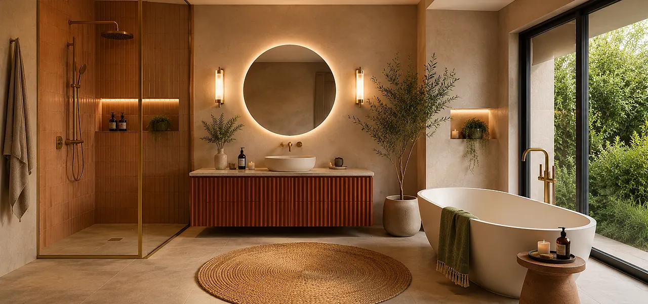 Japandi-minimalist bathroom blending a warm wood vanity, round backlit mirror, walk-in shower, freestanding tub and jute rug for serene simplicity