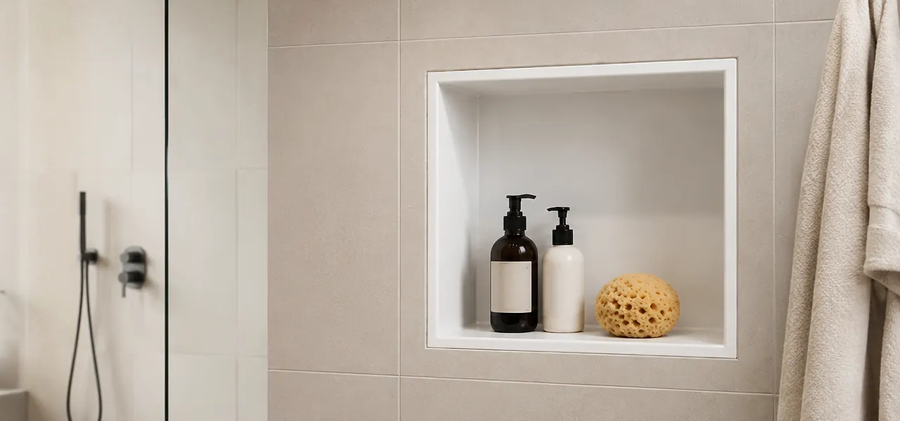 A square white acrylic preformed shower niche holding an amber pump bottle, a white pump bottle, and a natural sea sponge, set into a beige stone-look tiled wall.