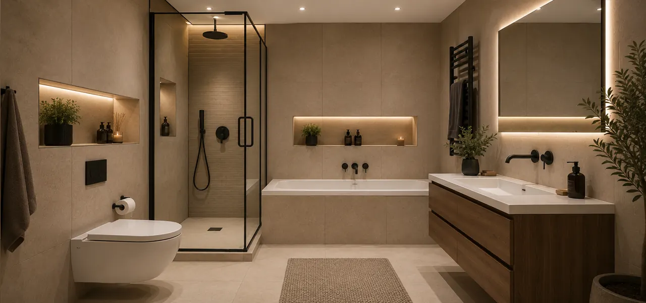 A modern bath suite featuring a built-in bath, wall-hung toilet, and wall-mounted vanity unit with countertop basin and round backlit mirror, set in a warm-toned bathroom with concealed niche lighting.