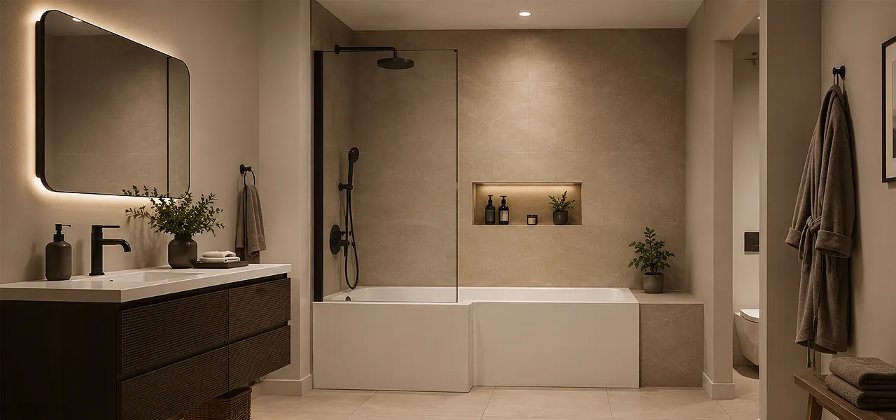 White L-shaped shower bath with a glass screen, matt black shower fittings and a lit recessed niche, in a neutral stone-tiled bathroom.