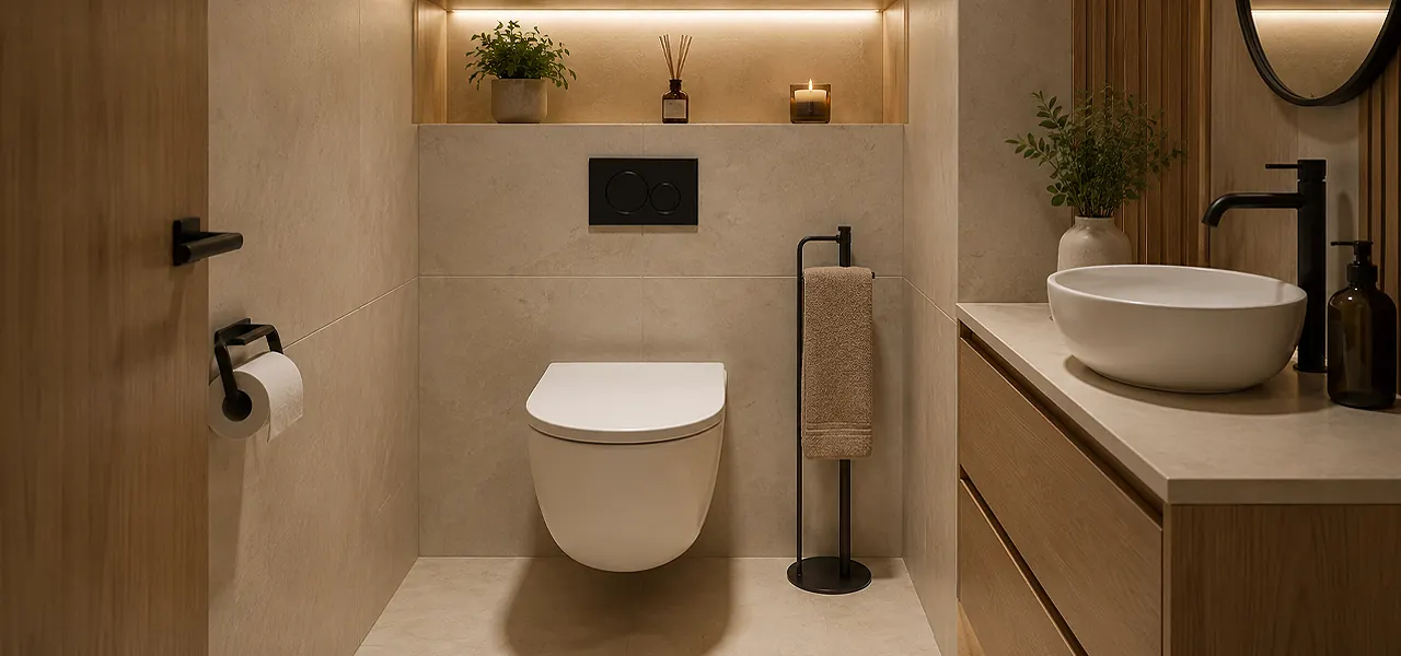 A space-saving wall-hung toilet set against seamless large-format beige floor tiles with minimal grout lines, accompanied by a matt black freestanding towel holder.