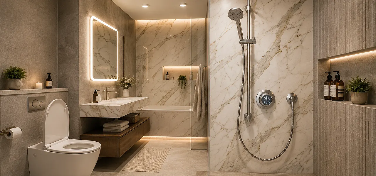 Smart bathroom technology with a digital shower controller, marble tiles, LED mirror and wall-hung toilet for modern convenience