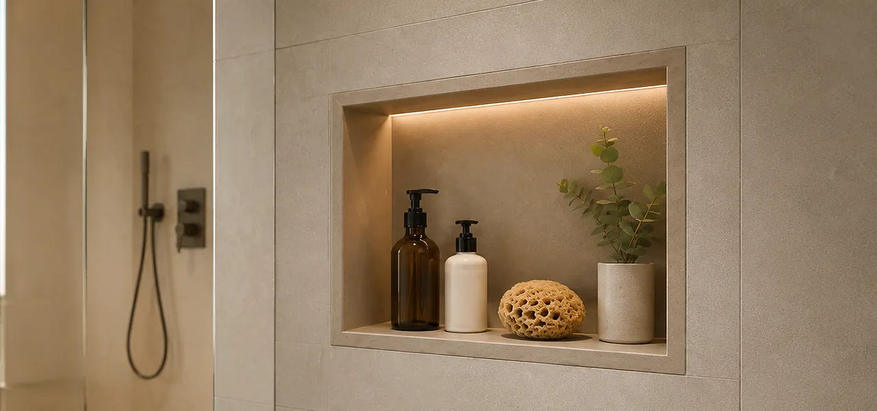 A horizontal beige fibreglass preformed shower niche with warm LED lighting holding an amber pump bottle, a white bottle, a natural sea sponge, and a small green plant, set into a light gray stone-look tiled wall.