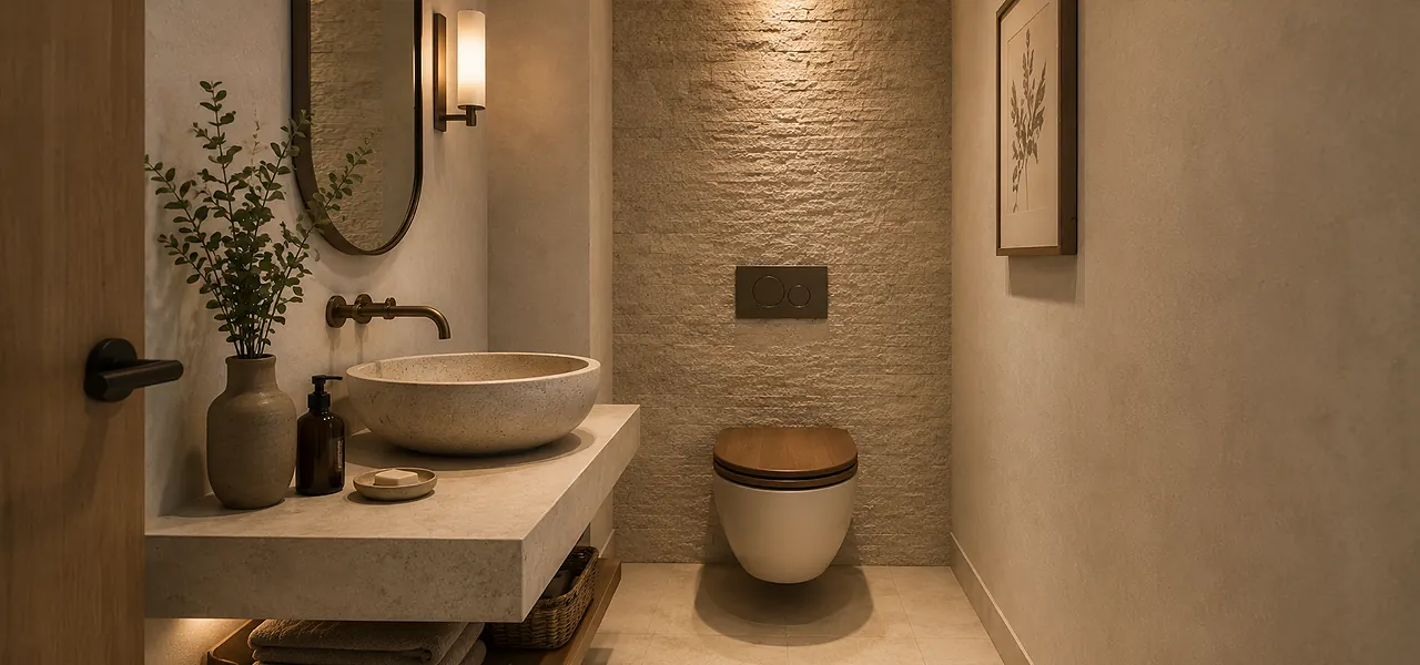 A layered-texture downstairs toilet combining a textured stone accent wall, natural stone vanity with a round vessel basin, and a wall-hung toilet with a wooden seat for a crafted, period-meets-modern feel.