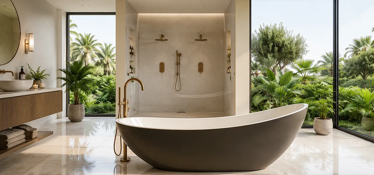 Bright bathroom with a dark freestanding tub, brushed-brass floor-standing bath tap and twin brass showers, framed by tropical palms and large windows.