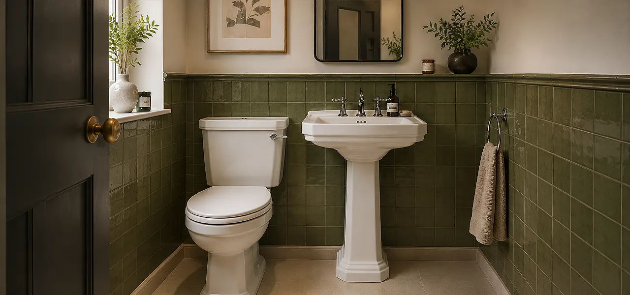 A traditional cloakroom featuring a close-coupled toilet and a classic white pedestal basin with chrome taps, set against green tiled walls for a period-style space-saving design.