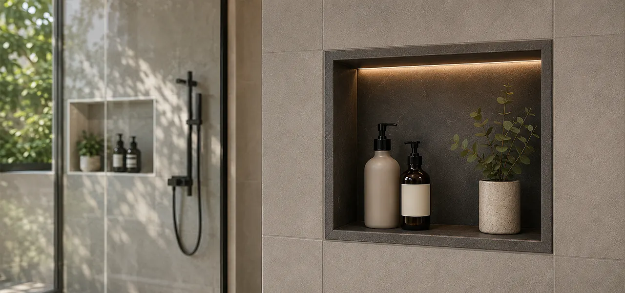 A square dark gray composite preformed shower niche with warm LED top lighting holding a beige pump bottle, a small dark amber bottle, and a potted eucalyptus plant, set into a matching dark gray concrete-look tiled wall.