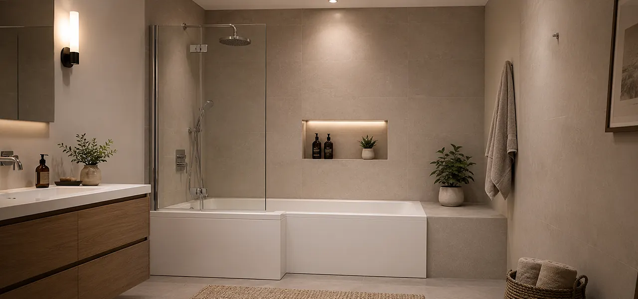 White L-shaped shower bath with a hinged glass screen, lit recessed niche and wood vanity, in a warmly lit beige-tiled bathroom.