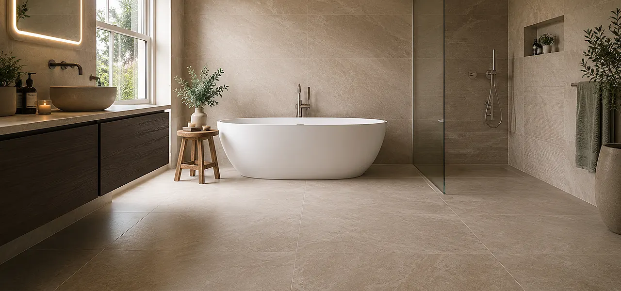 Large-format stone-effect floor and wall tiles in a bathroom with a freestanding tub and walk-in shower for minimal grout lines