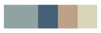 "Teal and natural wood" colour palette swatch in soft teal, deep navy, tan, and pale cream.