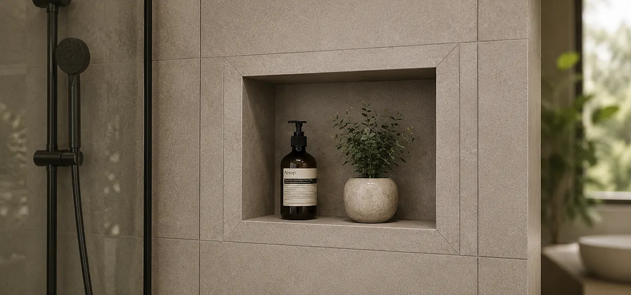 A horizontal recessed shower niche in a beige concrete-look finish with tiles meeting at 45-degree mitred corners for a seamless wrapped edge, holding an amber pump bottle and a small potted eucalyptus plant.