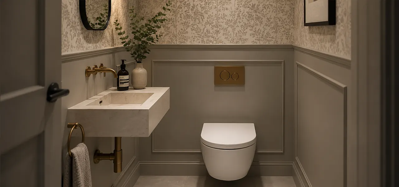 A heritage-style cloakroom blending patterned wallpaper above sage-green wall panelling, with a wall-hung toilet, brushed brass flush plate, wall-mounted basin, and brushed brass accessories.