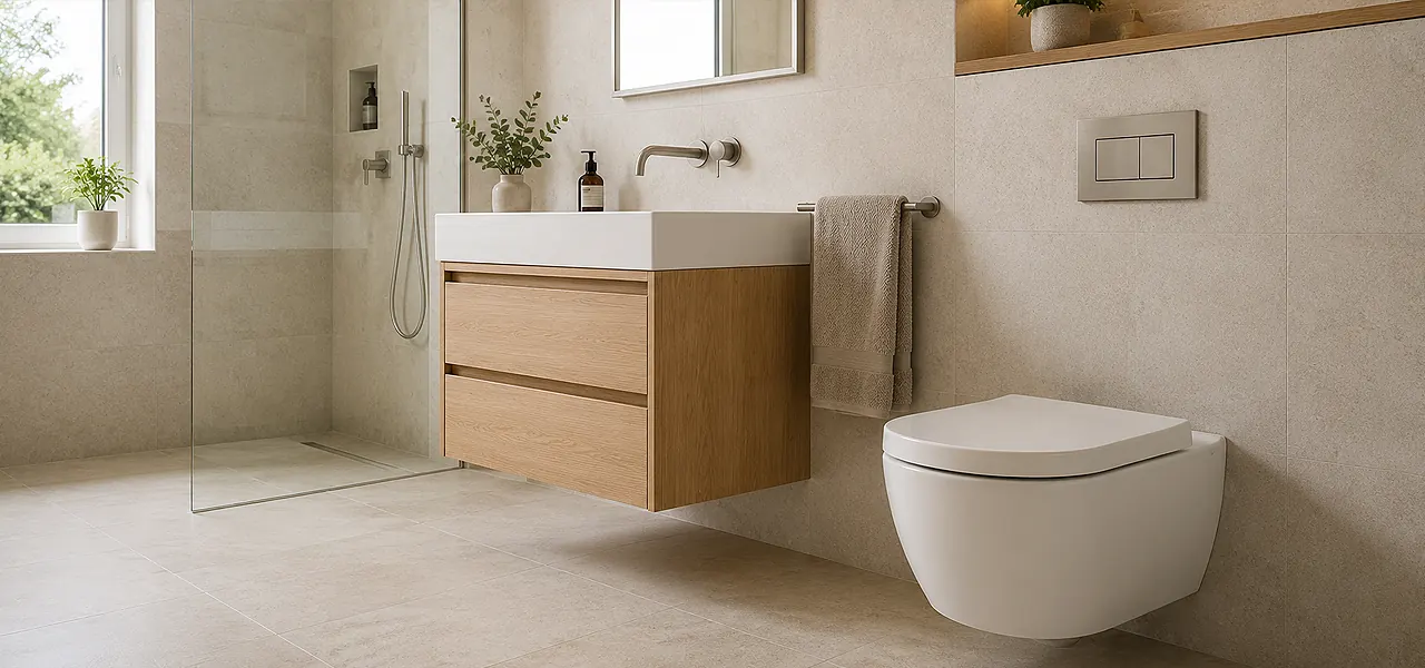 Wall-hung wood vanity and floating toilet with large-format floor tiles, demonstrating space-saving floating bathroom furniture
