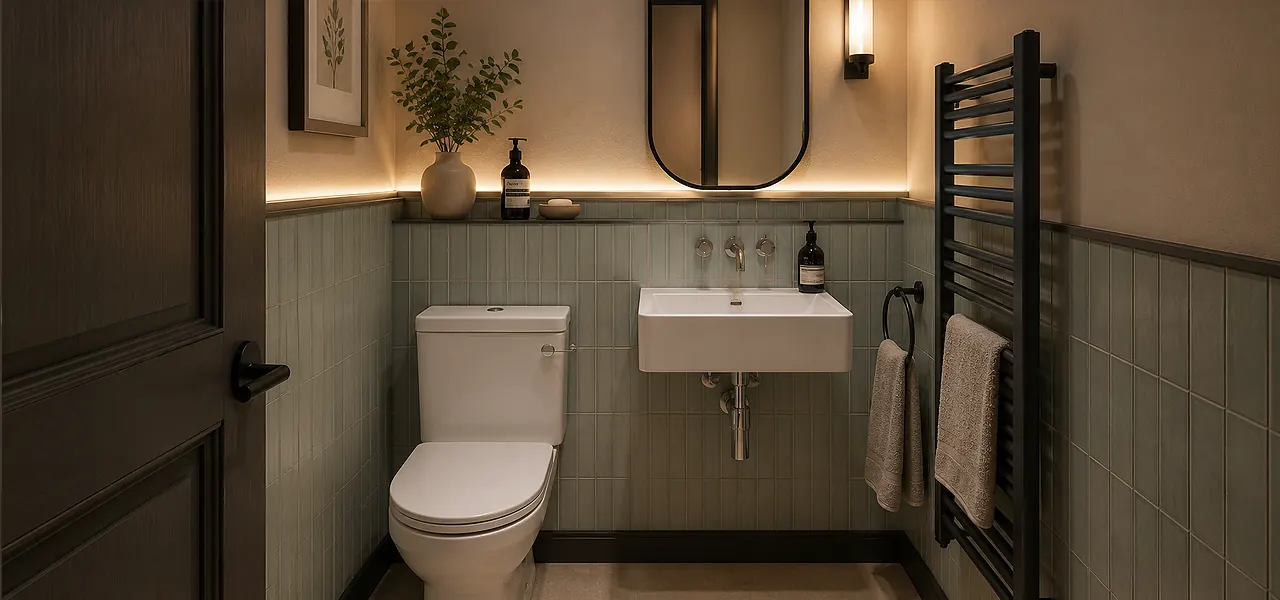 A traditional cloakroom with green-panelled walls, a close-coupled toilet, wall-mounted basin with chrome bridge tap, framed mirror, and a heated towel rail as a decorative bathroom accessory.