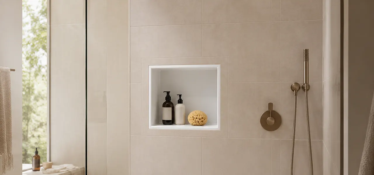A square recessed shower niche framed by softly rounded bullnose tile edges in a cream finish, holding an amber pump bottle, a white pump bottle, and a natural sea sponge.