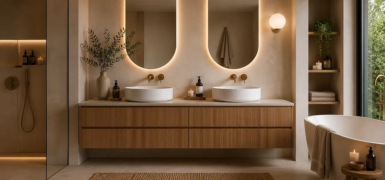 Fluted wood vanity with twin countertop basins, two backlit round mirrors and a jute rug highlighting textured surface trends