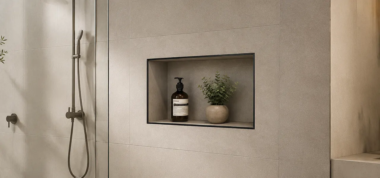 A horizontal recessed shower niche set into a gray concrete-look tiled wall, with a thin matt black metal trim profile framing the niche opening for a clean finish, holding an amber pump bottle and a small potted eucalyptus plant.