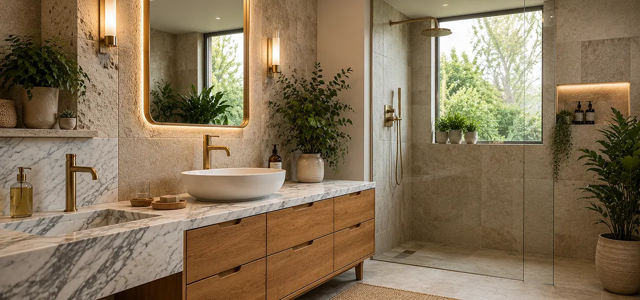 Biophilic bathroom with a marble countertop, oak drawers, twin basins and abundant greenery, blending natural materials for a garden-like feel
