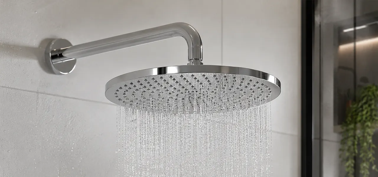 A round wall-mounted rainfall showerhead in polished chrome with a curved arm, set against a white tiled bathroom wall.
