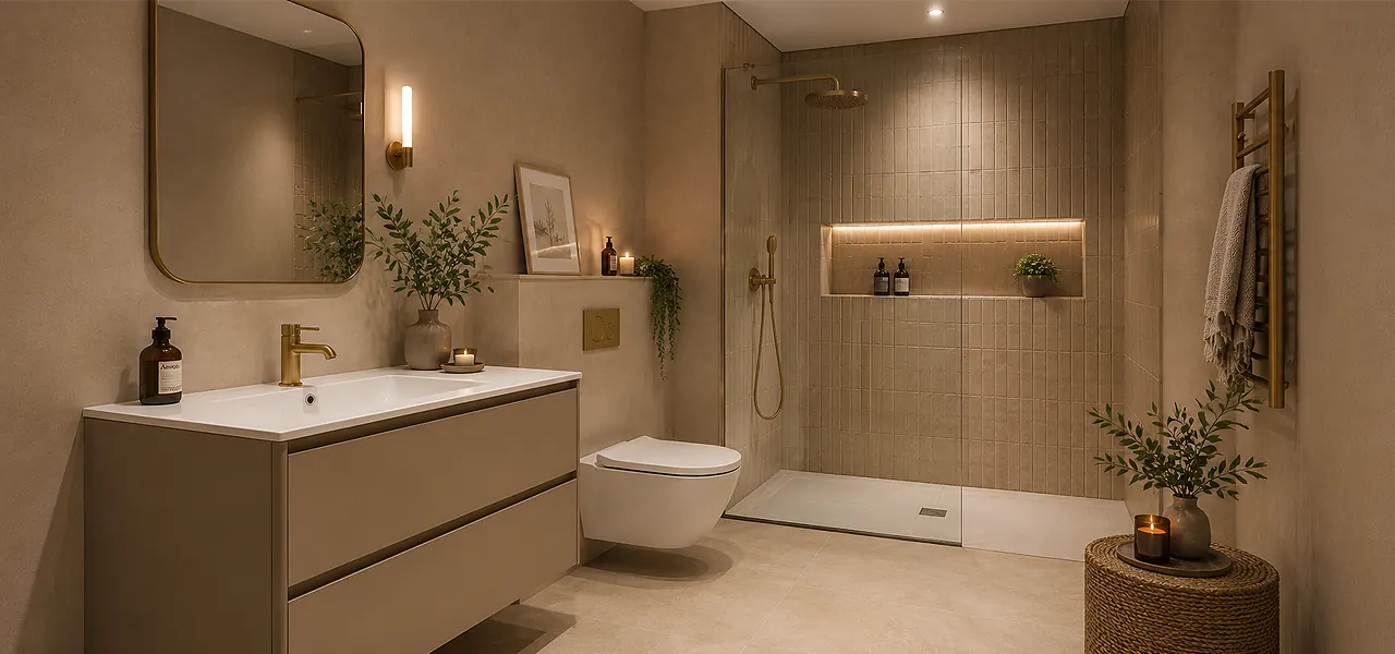 Taupe bathroom with a greige wall-hung vanity, walk-in shower, wall-hung toilet and round side table in soft neutral tones