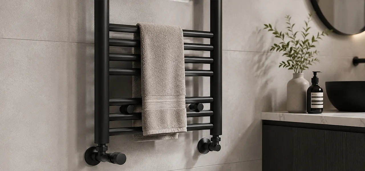 A tall matt black ladder-style heated towel rail mounted on a light gray tiled wall, with a glimpse of a wooden vanity to the right.
