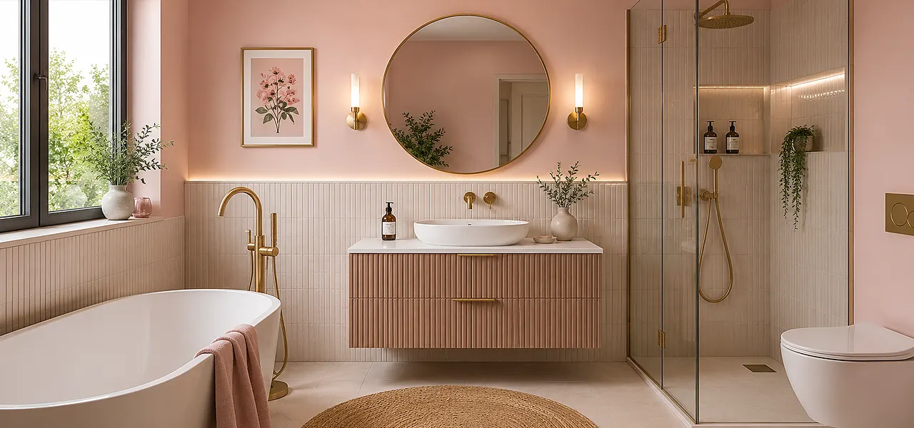 Soft-pink bathroom with a fluted pink vanity, round mirror, brass tap, freestanding tub and round jute rug for a warm scheme