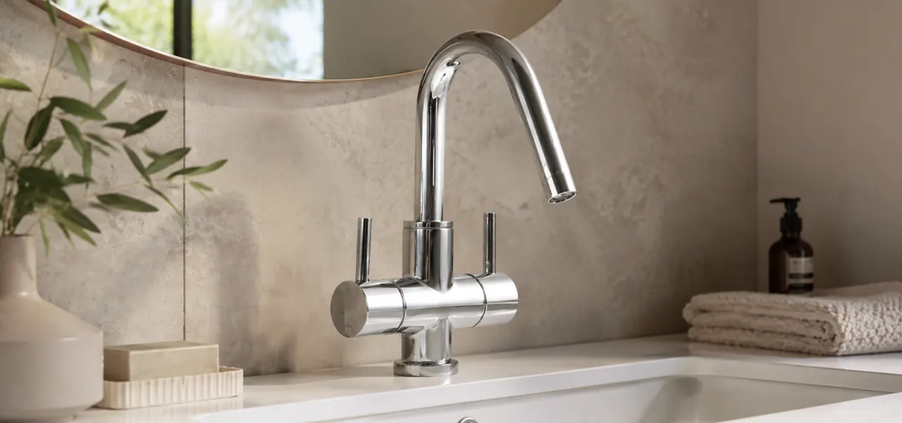A modern chrome dual-handle basin mixer tap with a tall curved spout and a pull-out spray head, set on a countertop with a soap dish in the background.