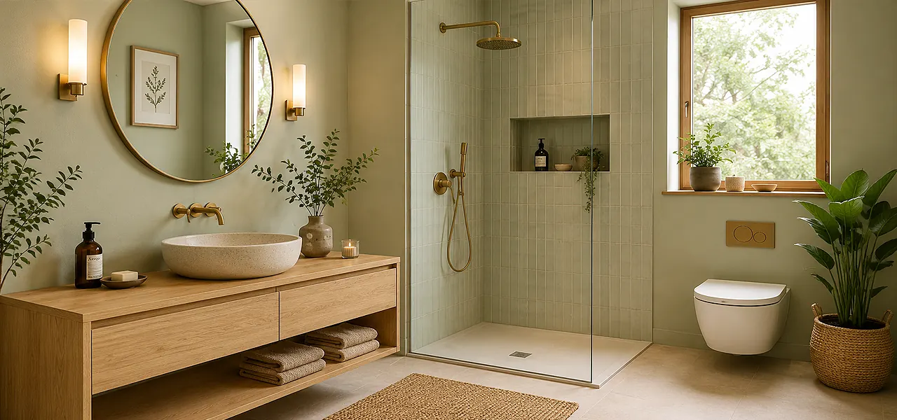 Light-green bathroom with a sage wood vanity, round mirror, walk-in shower, freestanding tub and jute rug for a fresh look