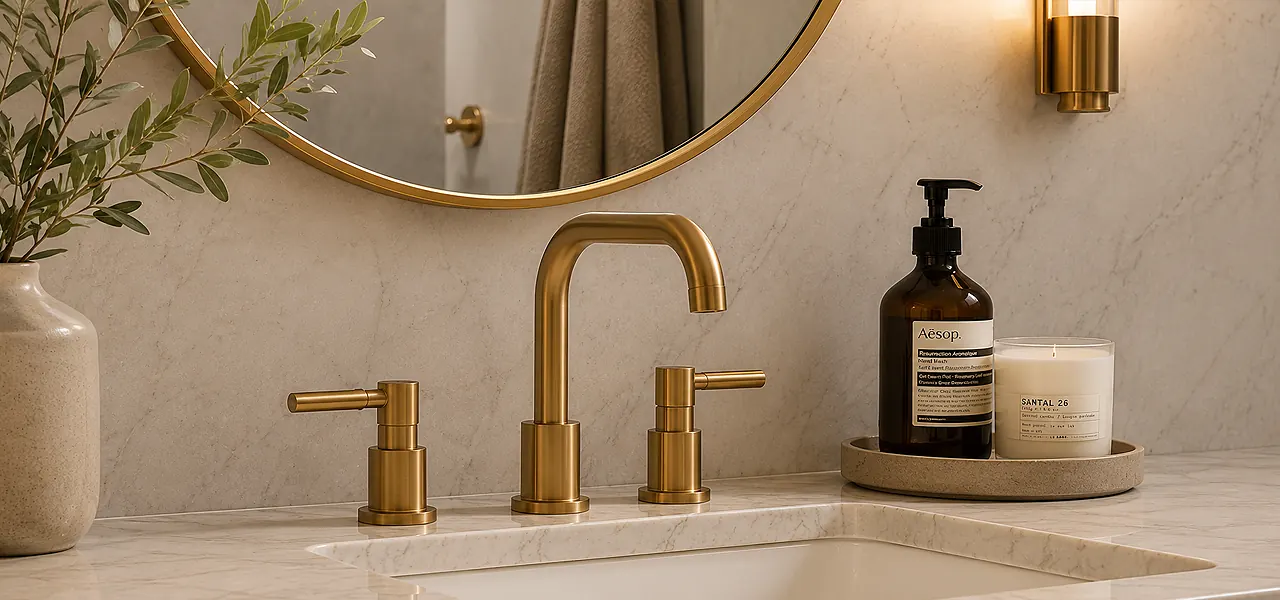 Close-up of a brushed brass three-hole basin mixer tap on a white marble vanity with an amber soap dispenser