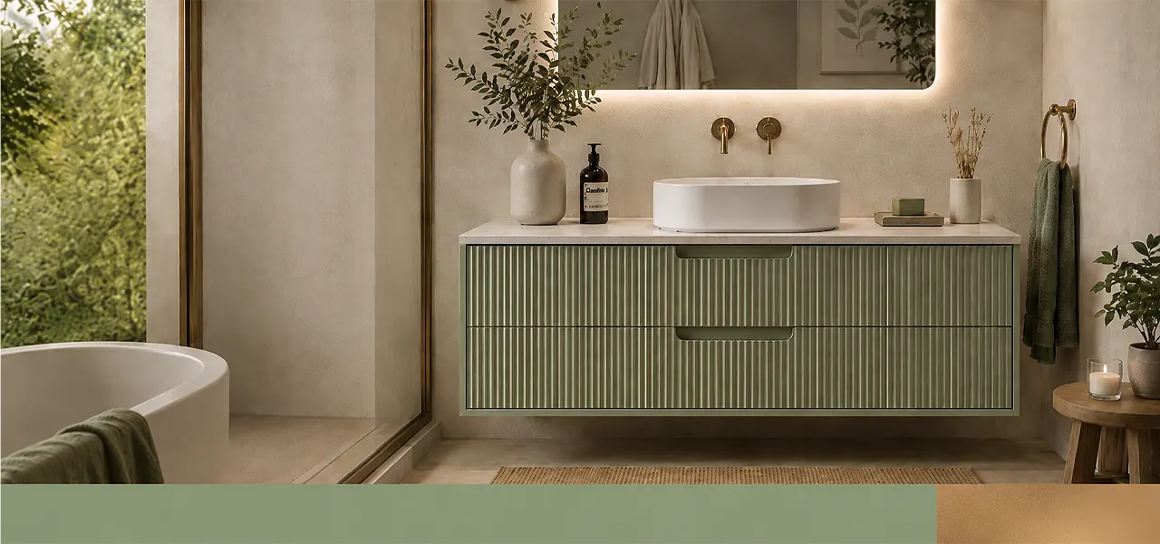 "Sage green with brushed brass" palette featuring a sage green fluted wall-mounted vanity unit with white countertop basin, backlit mirror, and brushed brass wall sconces, paired with a sage green and bronze colour swatch.