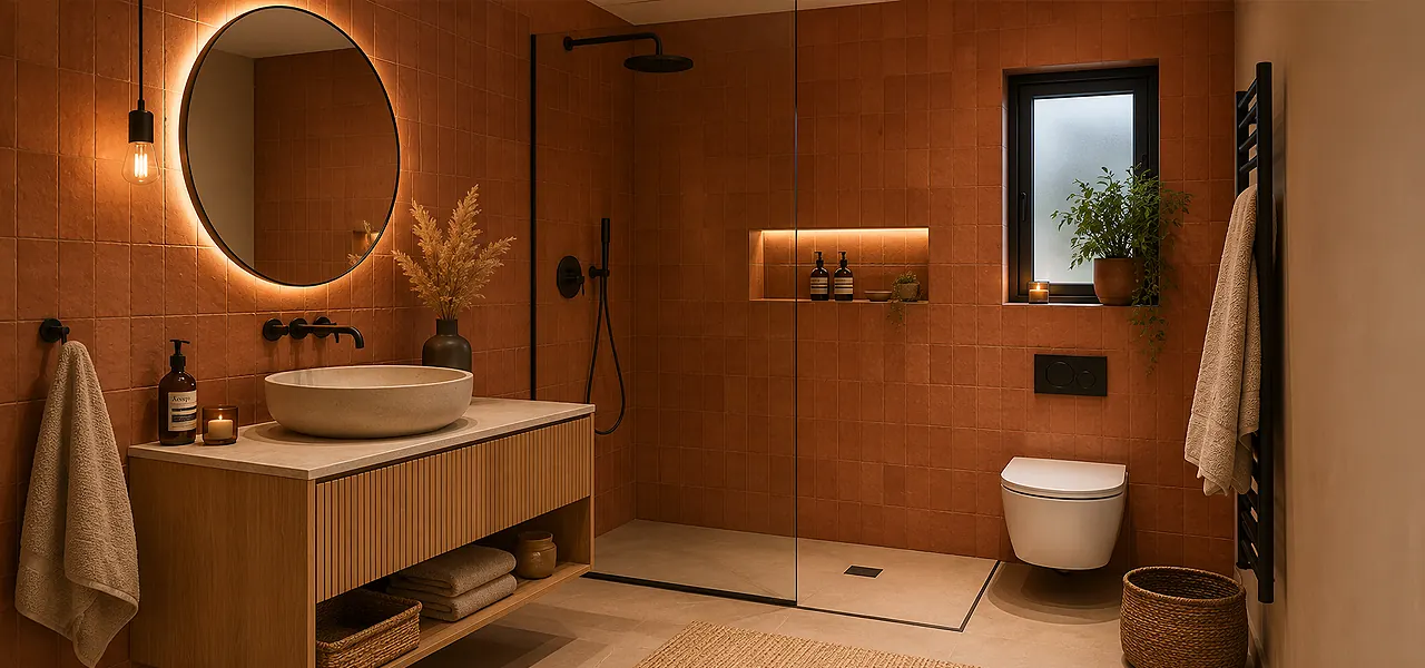 Terracotta-toned bathroom with warm clay walls, a wood vanity, round mirror, walk-in shower and wall-hung toilet in earthy tones