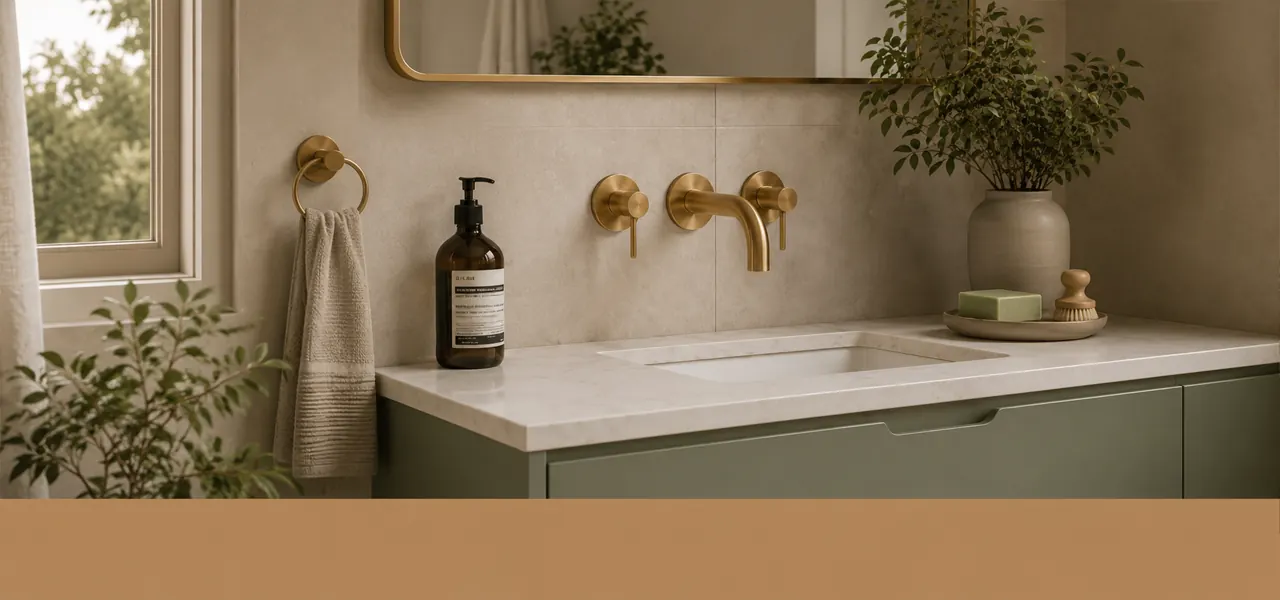 "Sage green with brushed brass" palette close-up of a marble countertop basin with brushed brass wall-mounted mixer tap against a soft beige wall, with sage green vanity below.