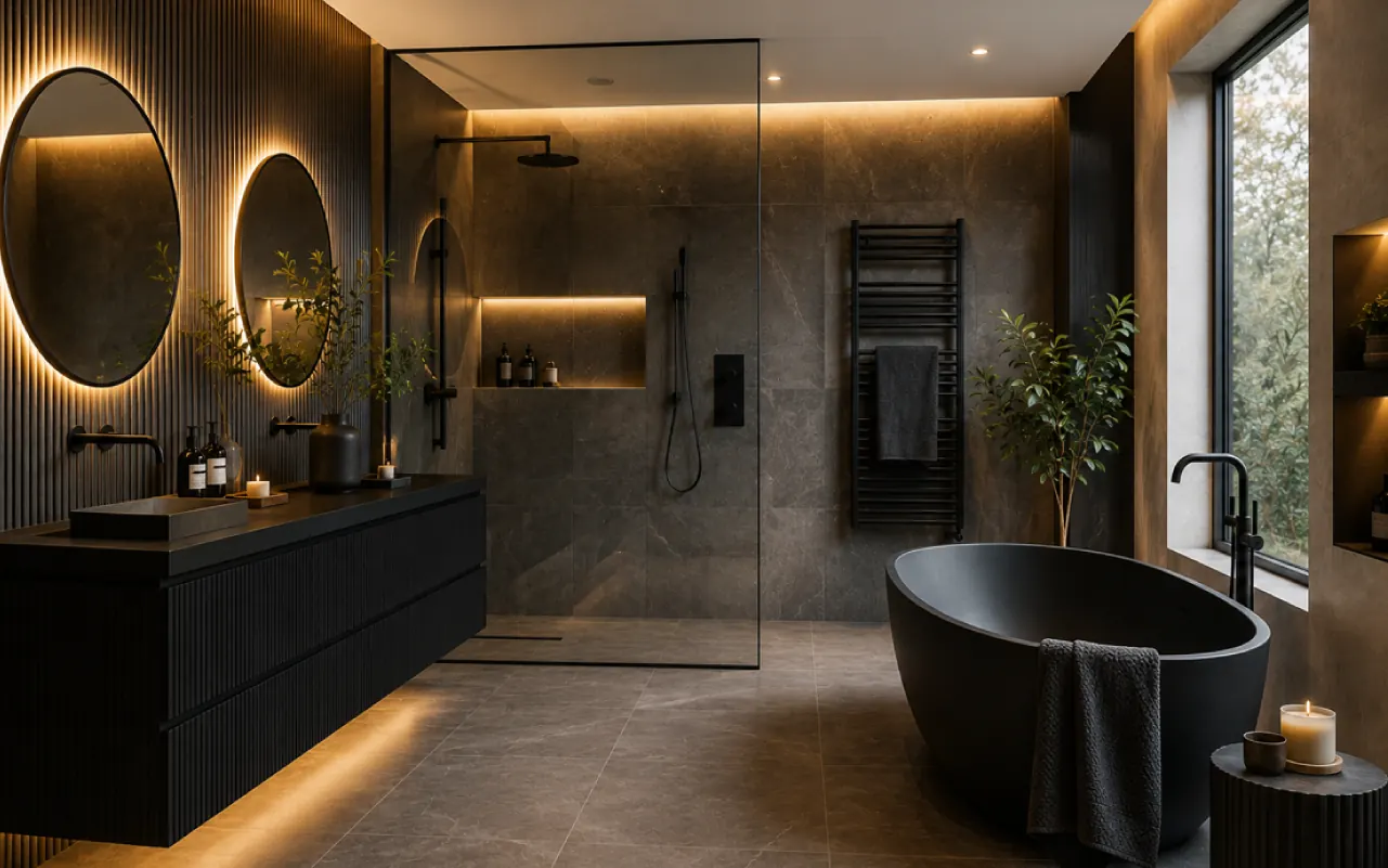 Dramatic colour-drenched bathroom in black with a matching freestanding tub, twin round mirrors, dark stone tiles and warm LED strip lighting
