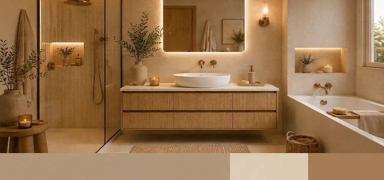 A warm neutral bathroom featuring a light oak wall-mounted vanity unit with countertop basin, oval backlit mirror, woven jute rug, and softly lit niches in beige tones.