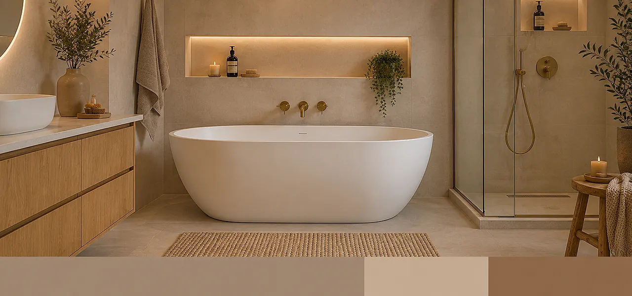 "Colour drenching in soft neutral tones" palette featuring a warm beige bathroom drenched in soft neutrals, with a freestanding bath, light oak vanity unit, jute rug, walk-in shower, and concealed niche lighting, paired with a beige and cream colour swatch.