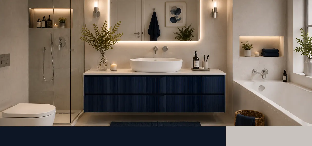 A modern bathroom featuring a navy blue fluted wall-mounted vanity unit with countertop basin, wall-hung toilet, walk-in shower, and brushed brass accents.