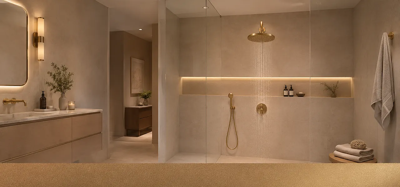 close-up of a brushed brass rainfall showerhead against a warm beige plaster-effect wall, immersing the space in a single warm neutral tone.