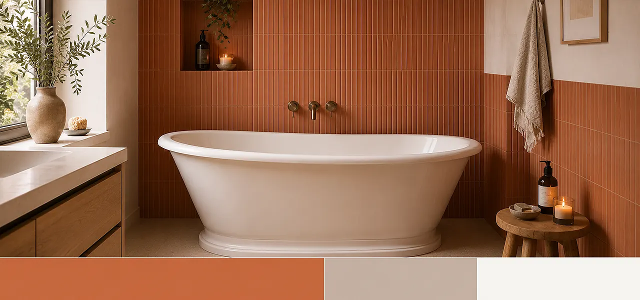 "Terracotta and warm white" palette featuring a white freestanding bath against terracotta tiled walls, a wooden side stool with a candle, and brushed brass wall-mounted bath taps, paired with a terracotta, cream, and white colour swatch.